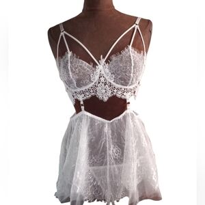 White 2 piece bridal babydoll lace lingerie set